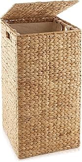 Casafield Laundry Hamper with Lid and Removable Liner Bag - Natural, Woven Water Hyacinth Square Laundry Basket Sorter for Clothes and Towels