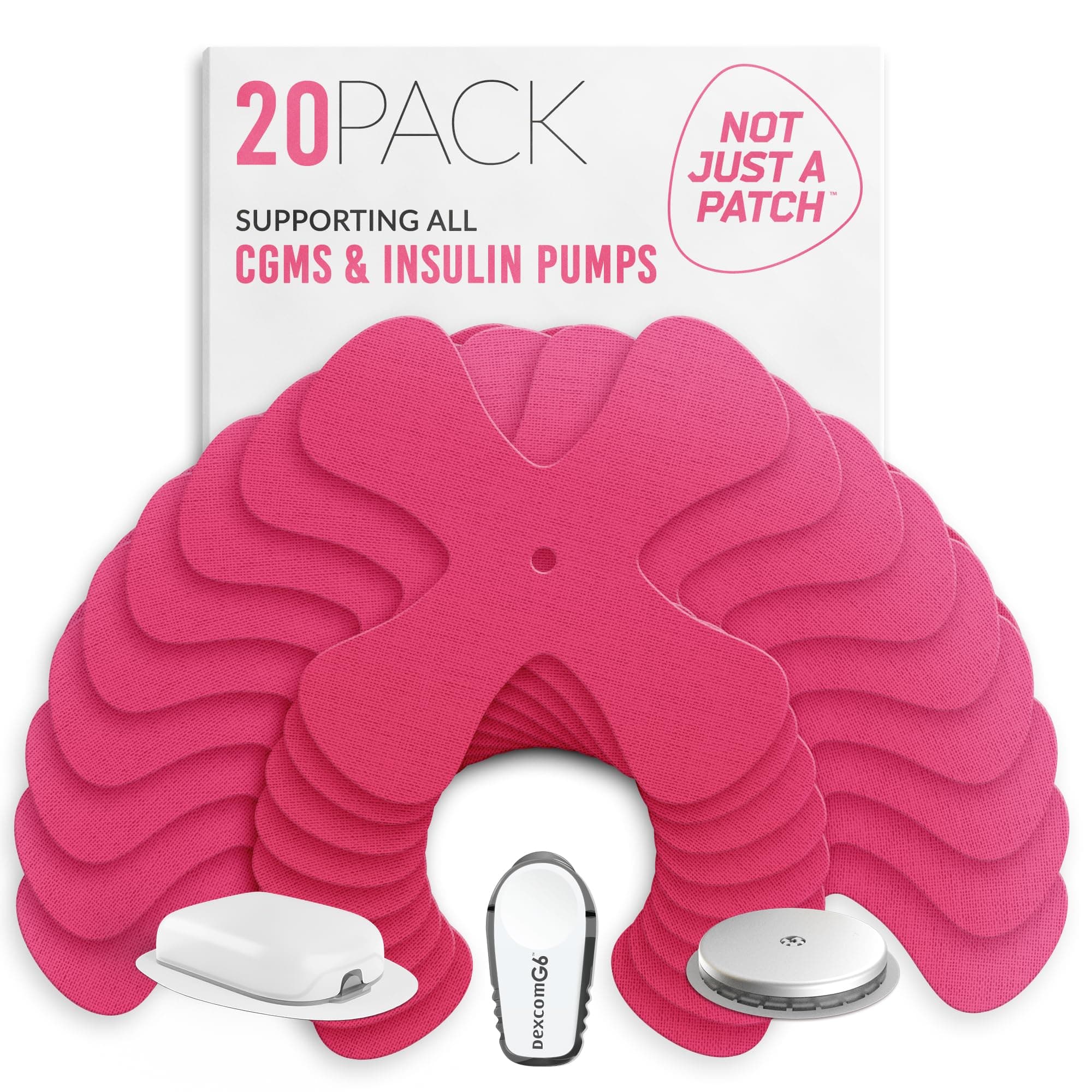 Not Just A Patch X-Patch CGM Sensor Patches (20 Pack) - Water Resistant Omnipod 5 Adhesive Patches - Durable for Active Lifestyle for 10-14 Days - Compatible with Dexcom G6, Libre 2 in Pink