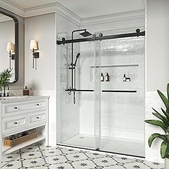 YINVANI Shower Door, 61-66" W x 76" H, SGCC-Certified 3/8" (10mm) Clear Tempered Glass, Frameless Double Sliding Shower Door, Stainless Steel Matte Black Finish