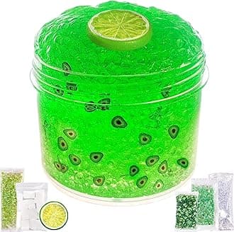 Premade Lemon Green Jelly Cube Glimmer Crunchy Crystal Slime, Includes 6 Sets of Add-ins, Super Soft and Non-Sticky, Party Favors for Boys and Girls