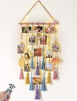 Homecor Room Decor for Teen Girls, Hanging Photo Display Macrame Picture Collage Wall Decor, Boho Decor for Bedroom Apartment Dorm Room with Remote Light, Christmas Birthday Gifts for Teenage Girls