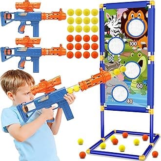 KKONES Shooting Game Toy for Boys - 2 Player Toy Foam Blaster Air Guns, 24 Foam Bullet Balls Popper & Standing Shooting Target, Birthday Gifts for Age 3 4 5 6 7 8 9 10-12 Years Old Kids, Girls