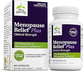 Terry Naturally Menopause Relief Plus - Menopause Symptom Supplement - Supplement to Aid Against Occasional Tiredness & Night Sweats - Supplement with Rhodiola & Black Cohosh - 60 Capsules