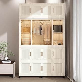 Kids Portable Wardrobe Closet Organizer with Magnetic Doors, 16 Cubes & 1 Hanging Rod, 6 PCS Hangers, Children's Plastic Wardrobe Closet for Bedroom Storage, Large Baby Wardrobe Storage Cabinet