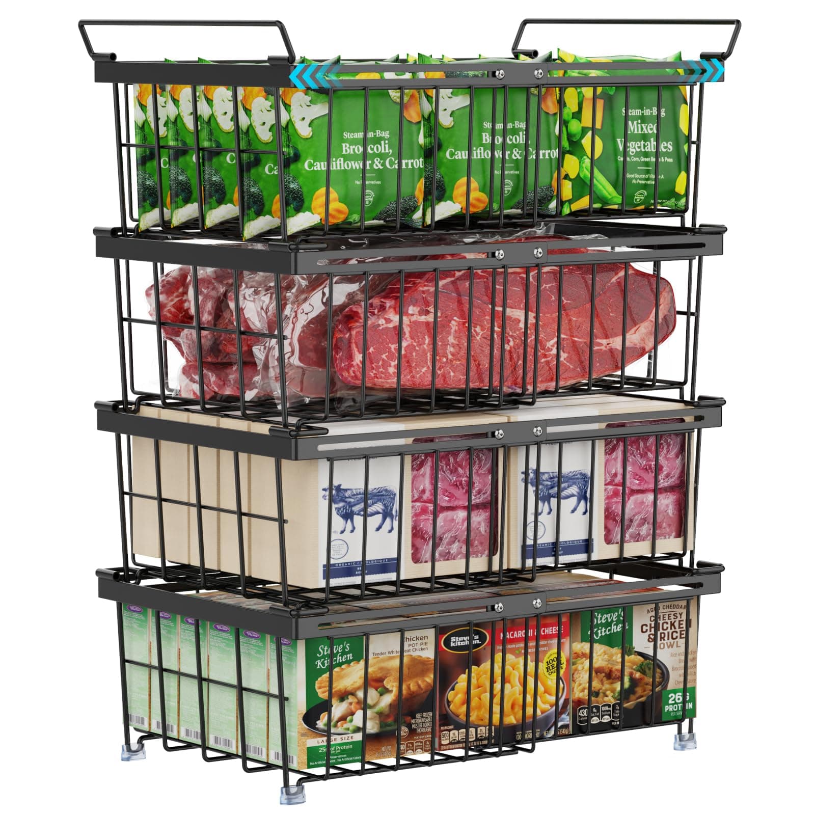 4 Pack Freezer Organizer Bins, Adjustable Wire Baskets for 10 to 20 Cu.Ft Chest Freezer, Stackable Storage with Handles, Deep Freeze Organizer for Meat & Vegetables, Black