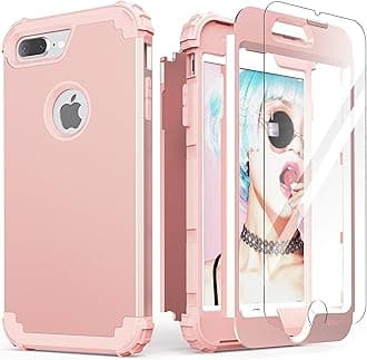 IDweel for iPhone 8 Plus Case,for iPhone 7 Plus Case with Screen Protector, 3 in 1 Shockproof Hybrid Heavy Duty Protection Hard PC Cover Soft Silicone Bumper, Full Body Sturdy Cover, Rose Gold