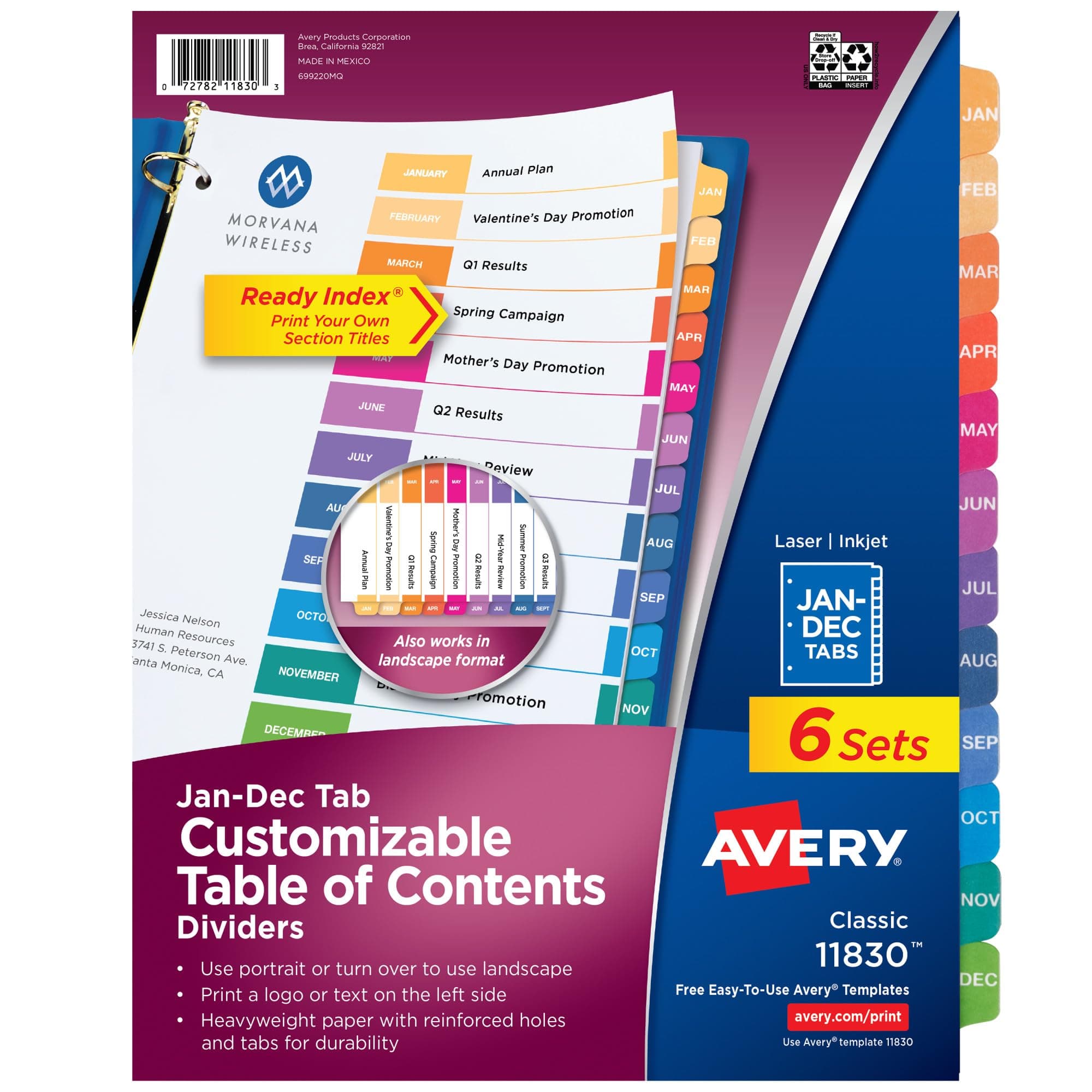 Avery Jan-Dec Dividers for 3 Ring Binders, 12 Tabs per Set, Customizable Table of Contents, Multicolor Tabs, Great for Organizing Reports, Projects, and More (6 Sets of 11830)