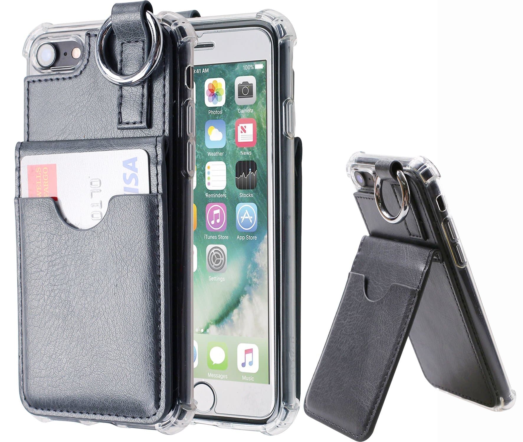 iPhone 7 Wallet Case,[Pocket Ring Bumper] Credit Card Case [Kick Stand] Protective Hybrid Case [Key Ring Holder] with 3 Cards Slot Wallet for iPhone 7 (Dark Grey)