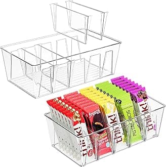 Puricon 2 Pack Pantry Organization and Storage Bins for Kitchen Fridge Countertop Cabinet, Stackable Clear Plastic Storage Racks with Removable Dividers, 5 Compartments for Snacks Packets Spices