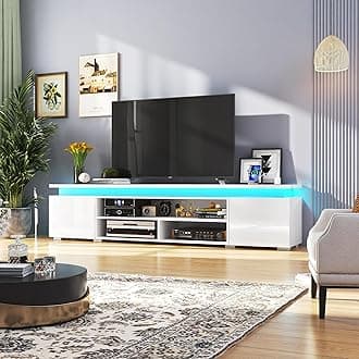 Hlivelood LED TV Stand for 95 Inch TV, Modern TV Stand with Power Outlet, High Gloss TV Console Entertainment Center with Storage and LED Lights for Living Room, Bedroom (83 Inch, White)