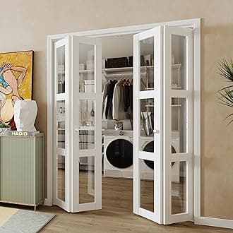 BARNER HOME Bifold Door, 3-lite Clear Glass Closet Door for 60"x 80" Opening, Folding Doors with Hardware Kits, MDF, White Multifold Interior Doors
