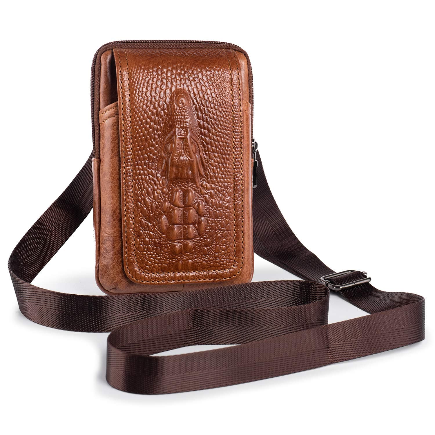 Hengwin Leather Holster Case for iPhone 11 Pro 7 8 Plus Universal Cellphone Pouch Samsung Galaxy S9 S8 Plus Men Crossbody Shoulder Bag Small Fashion Waist Pack with Belt Clip and Belt Loop (Brown)