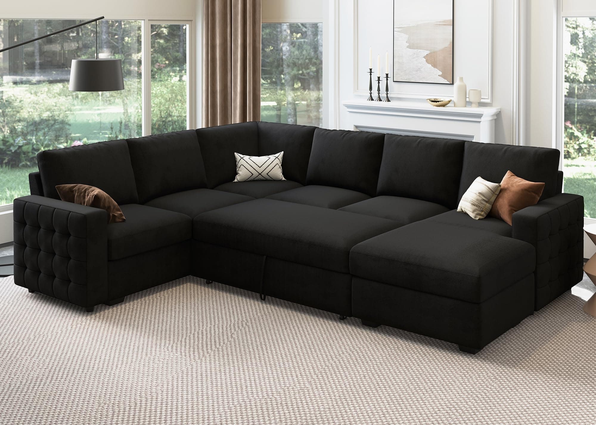 Sectional Sleeper Sofa with Pull Out Bed U-Shape Sectional Couch with Storage Chaise 6 Seater Sleeper Sectional Sofa Bed, Velvet Black