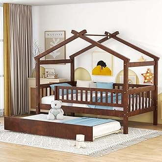 House Bed with Trundle and Fence, Twin Size Montessori Style Beds with Railings, Wooden Playhouse Bed Frame for Kids Girls Boys, Walnut