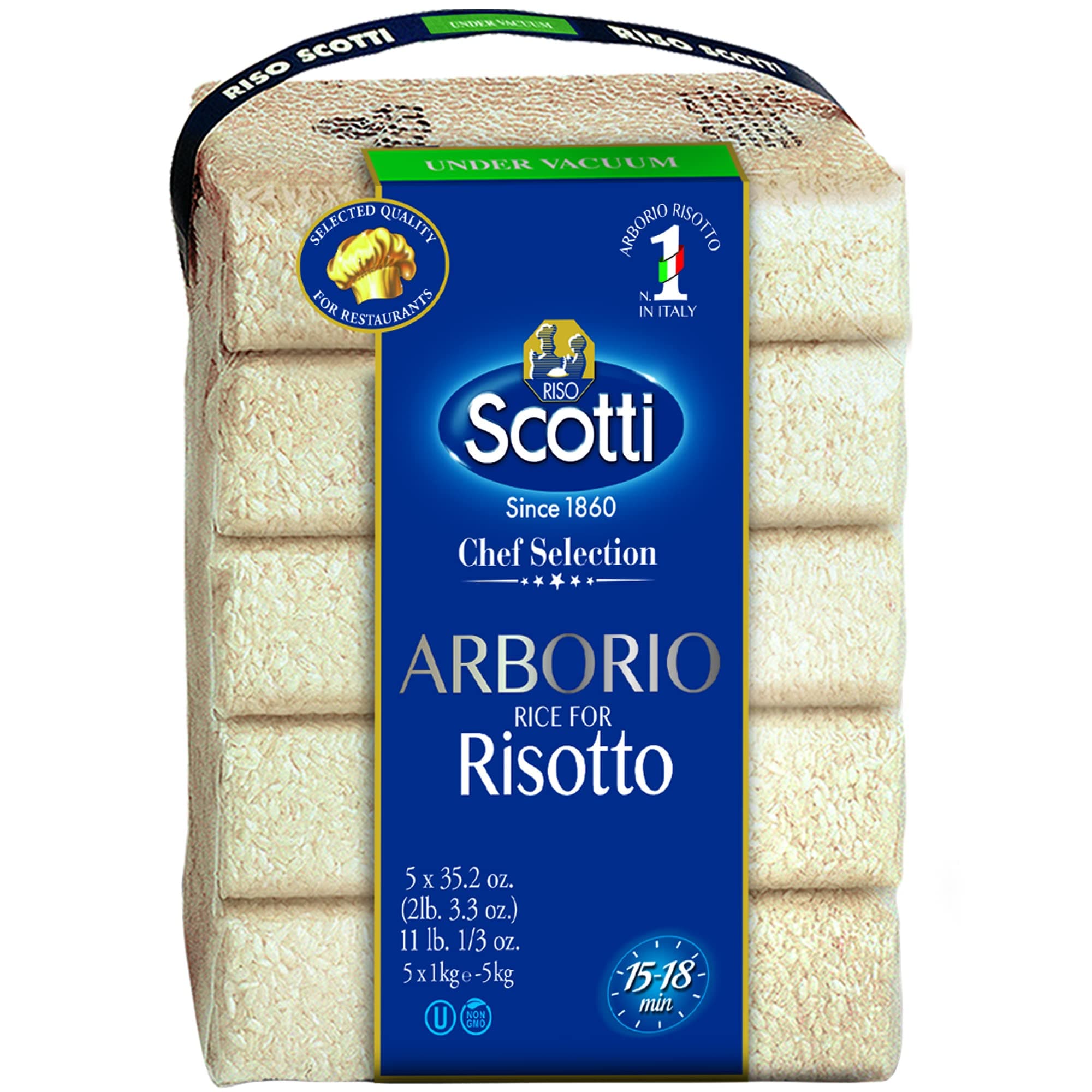 Arborio Rice for Risotto, 11 lbs (5x1 kg) Product of Italy, Chef Selection, Gluten Free, Non-GMO, Vacuumed Packed