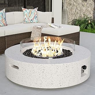 COSIEST Outdoor Propane Fire Pit Coffee Table w Terrazzo White 40.5-inch Round Base Patio Heater, Certified, 50,000 BTU Stainless Steel Burner, Wind Guard, Black Fire Glass, Rain Cover