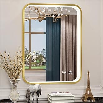 24x32 Inch Gold LED Bathroom Mirror with Lights, 3000K/4500K/6000K, Lighted Bathroom Vanity Mirror, Wall Mounted, Stepless Dimmable, Memory Funtion, Anti-Fog, Horizontal/Vertical