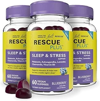 Bach Plus Sleep & Stress Support Gummies, Nighttime Dietary Supplement with 1mg Melatonin, Ashwagandha, Chamomile, Lavender & Vitamin B6, Natural Blueberry Flavor, Vegan & Gluten-Free, 3 Pack,
