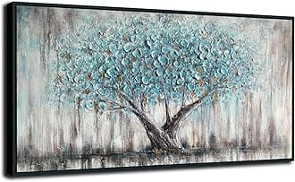Arjun Tree of Life Wall Art, Abstract Canvas Painting, Textured Panoramic Landscape, Large Black Wood Frame, for the Living Room, Bedroom, Bathroom, Office and Home Décor, 100 x 50 cm, Natural Blue