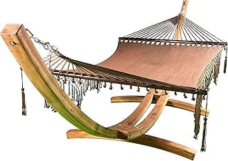 14 Ft. Natural Stain & Water Treated Wooden Arc Hammock Stand + Premium Deluxe Quilted, Double Padded Hammock Bed + Pillow. 2 Person Bed w/ 450 LB Capacity. (Brown Chic)