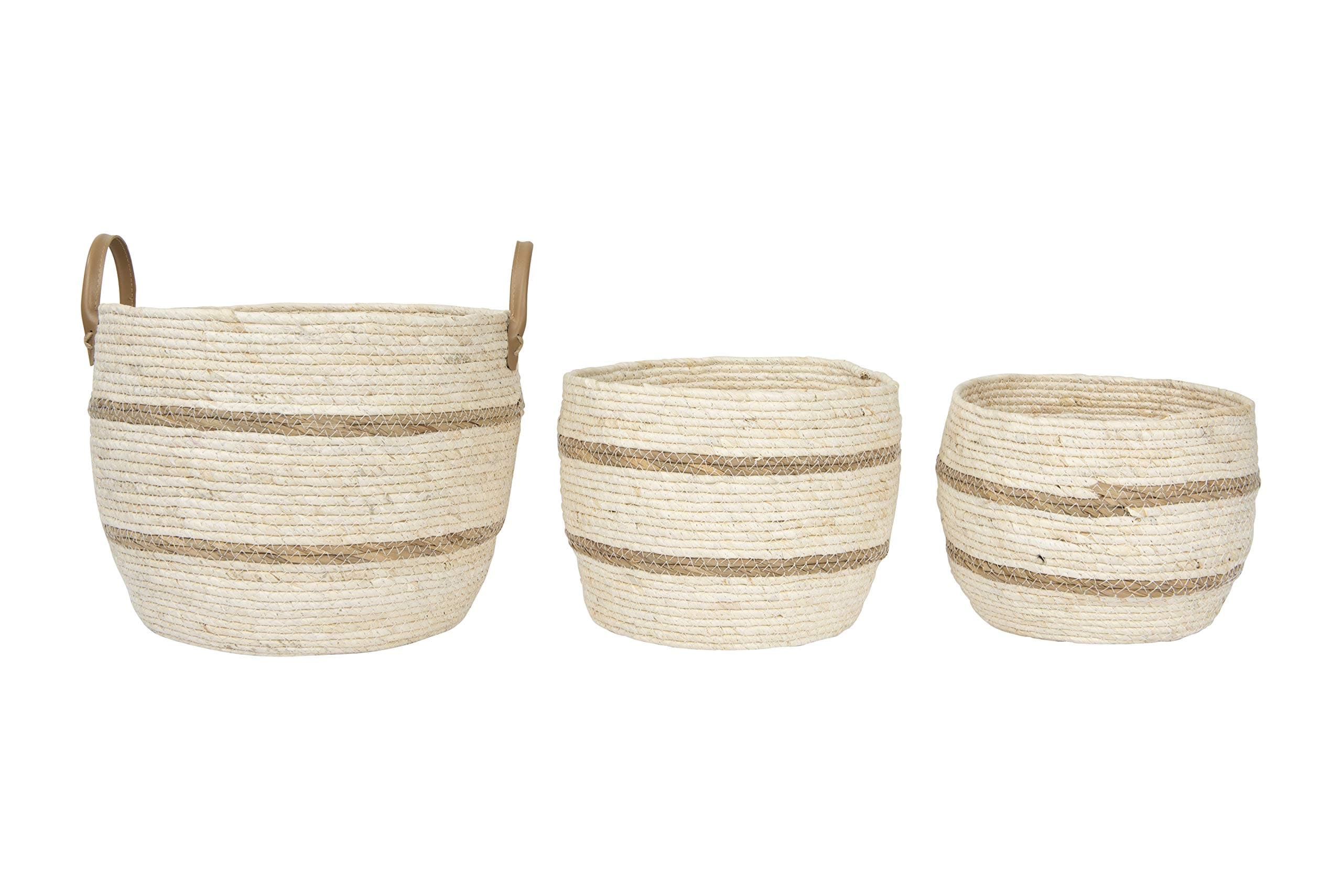 Creative Co-Op Beige & Brown Maize Baskets with Leather Handle (Set of 3 Sizes) Wicker Non-Food Storage, Brown