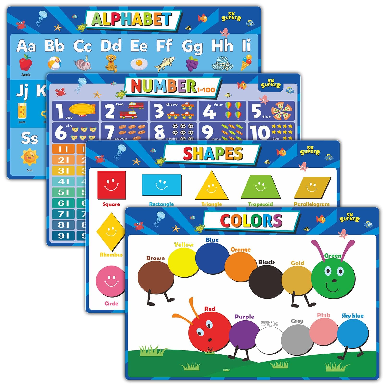 SK SUPKER 4 Pack ABC Alphabet Chart + Numbers 1-100 + Shapes + Colors Poster Set, Learning Posters for Room Classroom Wall Decor Art ((Laminated, 17" x 11")