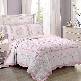Cozy Line Home Fashions Pink Daisy Field Flora Real Patchwork Cotton Reversible Quilt Bedding Set, Coverlet, Bedspread (Daisy Field, Twin - 2 Piece)