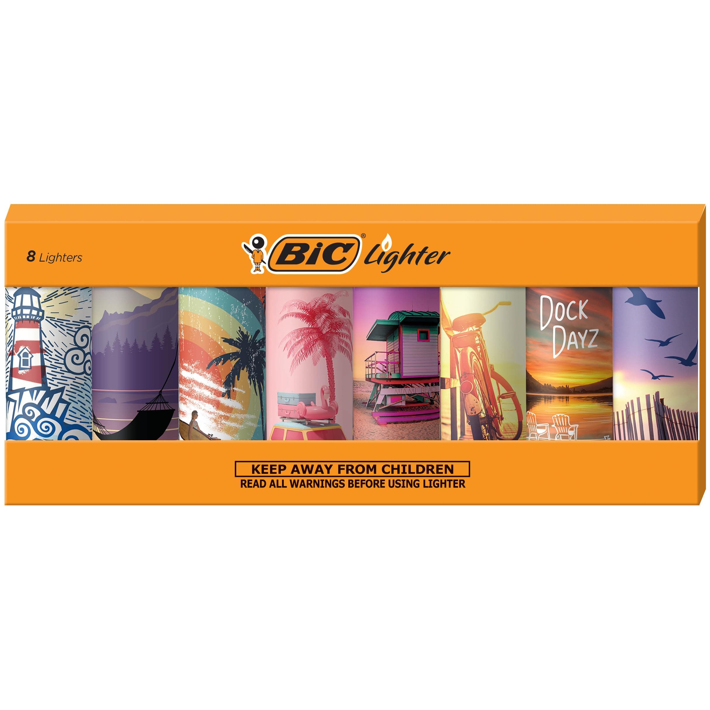 BIC Maxi Pocket Lighter, Special Edition Vacation Collection, Assorted Unique Lighter Designs, 8 Count Pack of Lighters