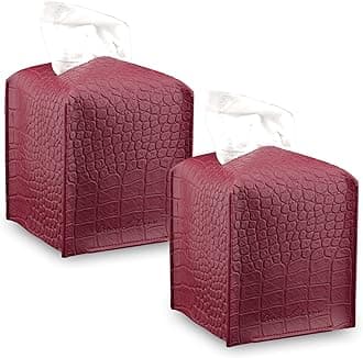 Premium PU Leather Tissue Box Holder–Modern Cover for Home, Office, Car–Stylish Cube Organizer for Standard Kleenex Tissues – Durable, Easy Refill, Crocodile Design (Cherry Red 2 Pack)