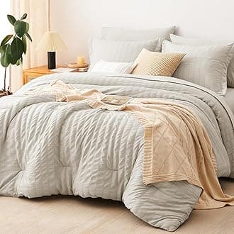 King Size Comforter Set Beige Seersucker 7 Pieces Bed in a Bag King Comforter Set with Sheets, Luxury Soft Bedding Set with Down Alternative Comforter, Sheets, Pillowcases & Shams All Seasons