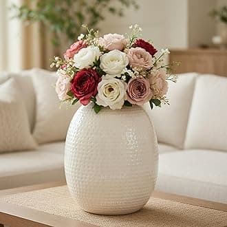 Behoma White Metal Hammered Oval Shape Vase for Home Decor Decoratives for Indoor Outdoor Living Room Balcony | Best Gift for Birthday Anniversary Festival | 1 Large Pcs (Flower not Included)