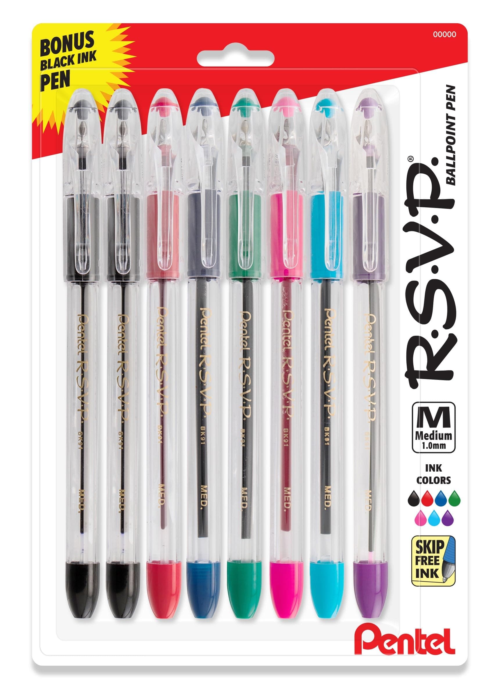 Pentel RSVP Original Ballpoint Pen, (1.0mm) Medium Line, Assorted Ink Colors, Clear Barrel, 8 Pack with Bonus Black Ink Pen