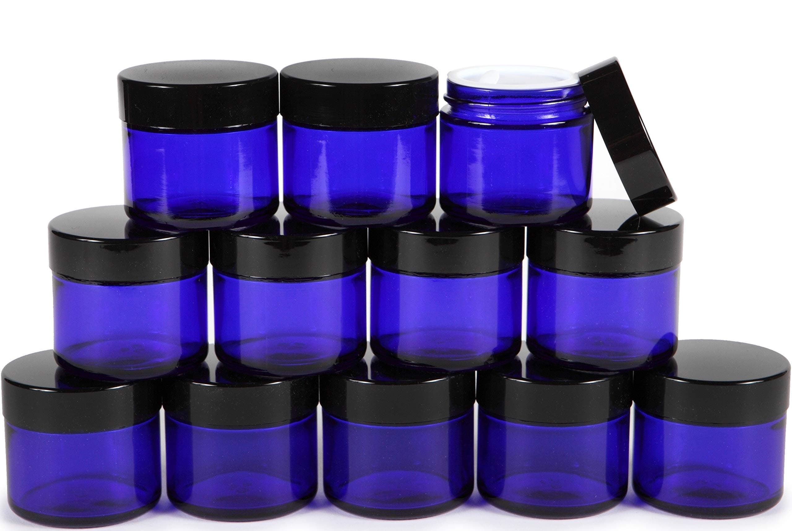 12, Cobalt Blue, 2 oz, Round Glass Jars, with Inner Liners and black Lids