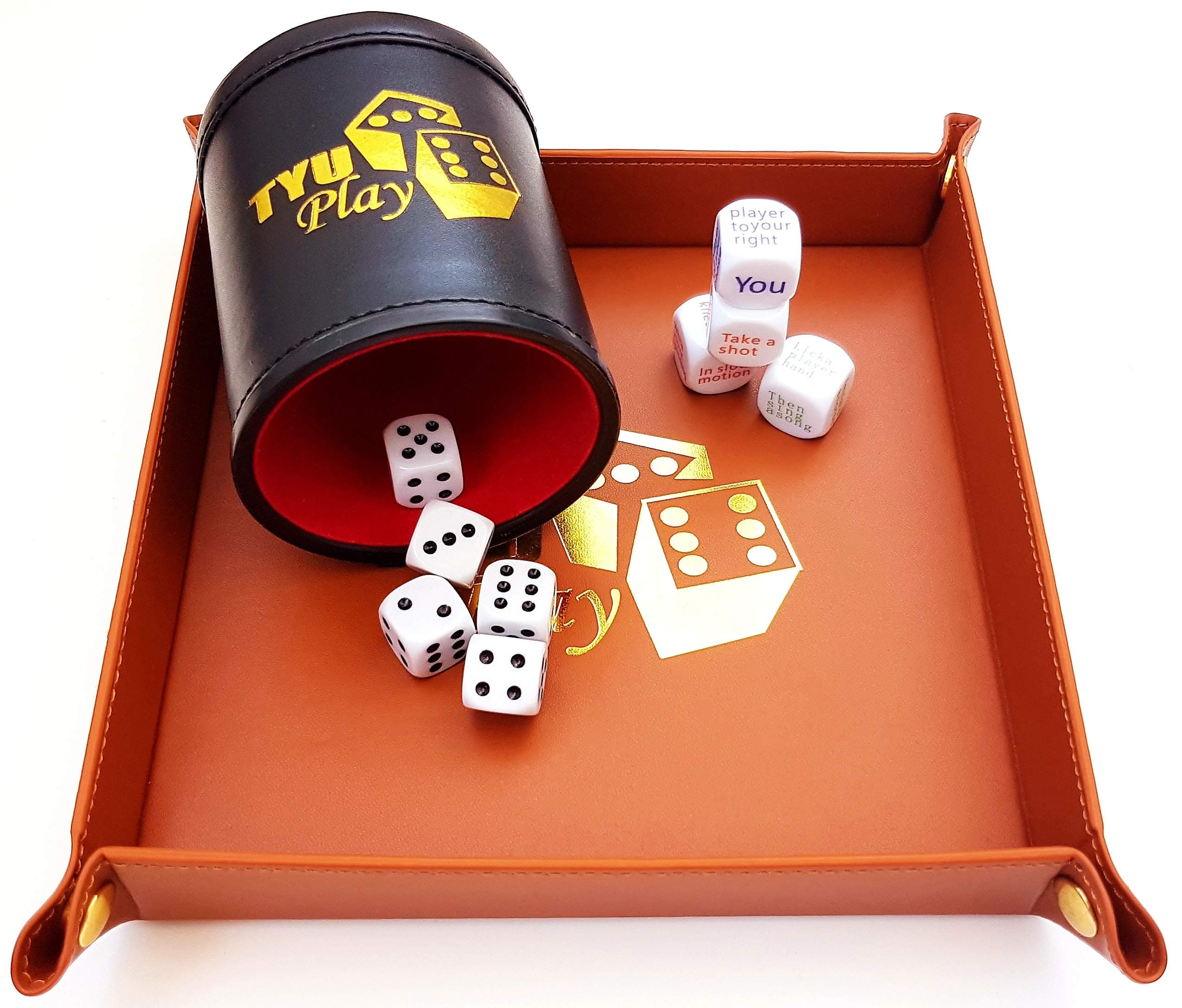 Premium Dice Cup Tray Set - 5 Dice - Leather Folding Tray Holder - 4 Drinking Dice - Valet Tray - Bonus a Nice Soft Velvet Bag - Tyu Play