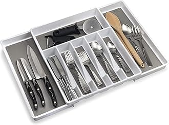 ELTOW Large Expandable Silverware Drawer Organizer 8 Compartments Non-slip Adjustable Drawer Kitchen Organizer Kitchen Utensil Cutlery Silverware Tray (White)