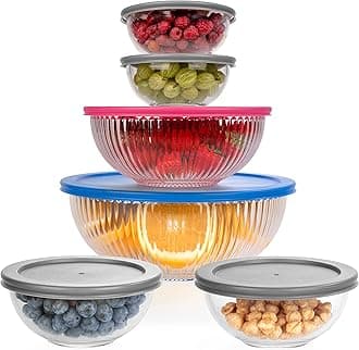 Set of 6 Stackable Space-Saving Nesting Glass Bowls with BPA Free Lids for Foodprep, Storage, Baking, Mixing & Cooking, Microwave Safe - Durable Inert Borosilicate Glass