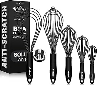 Silicone Whisk,Non Scratch Whisk for Cooking, 5+7+9+11in Balloon Whisks, Suitable for Mixing, Blending Whipping.11in Flat Whisks great for Ceramic Coated pans and Wider shallower pots.