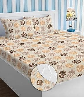 BSB HOME Premium Cotton All Round Elastic Fitted Bedsheets for Double Bed with 2 King Size Pillow Covers 220tc Supersoft |Wrinkel Free Bed Cover Size - 72 x 78 +10 inches | Leaf, Beige & Brown