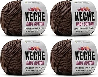 Keche Cotton Yarn, 60% Cotton 40% Acrylic Yarn, Soft Cotton Yarn for Crochet and Knitting, Amigurumi Yarn 4 Skeins/Balls [1.76 Oz (50g) / 180 Yrds (165m)] x 4 - Brown