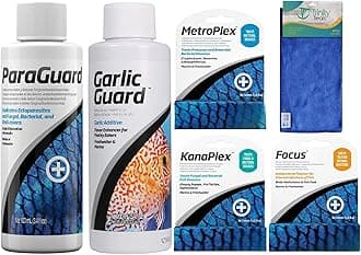 Trinity Treat ParaGuard 100ML, GarlicGuard 100ML, Focus 5g, kanaplex 5g Metroplex 5g for Freshwater and Saltwater Including Microfiber Cleaning Cloth(ParaGuard, GarlicGuard, Kanaplex Focus Metroplex)