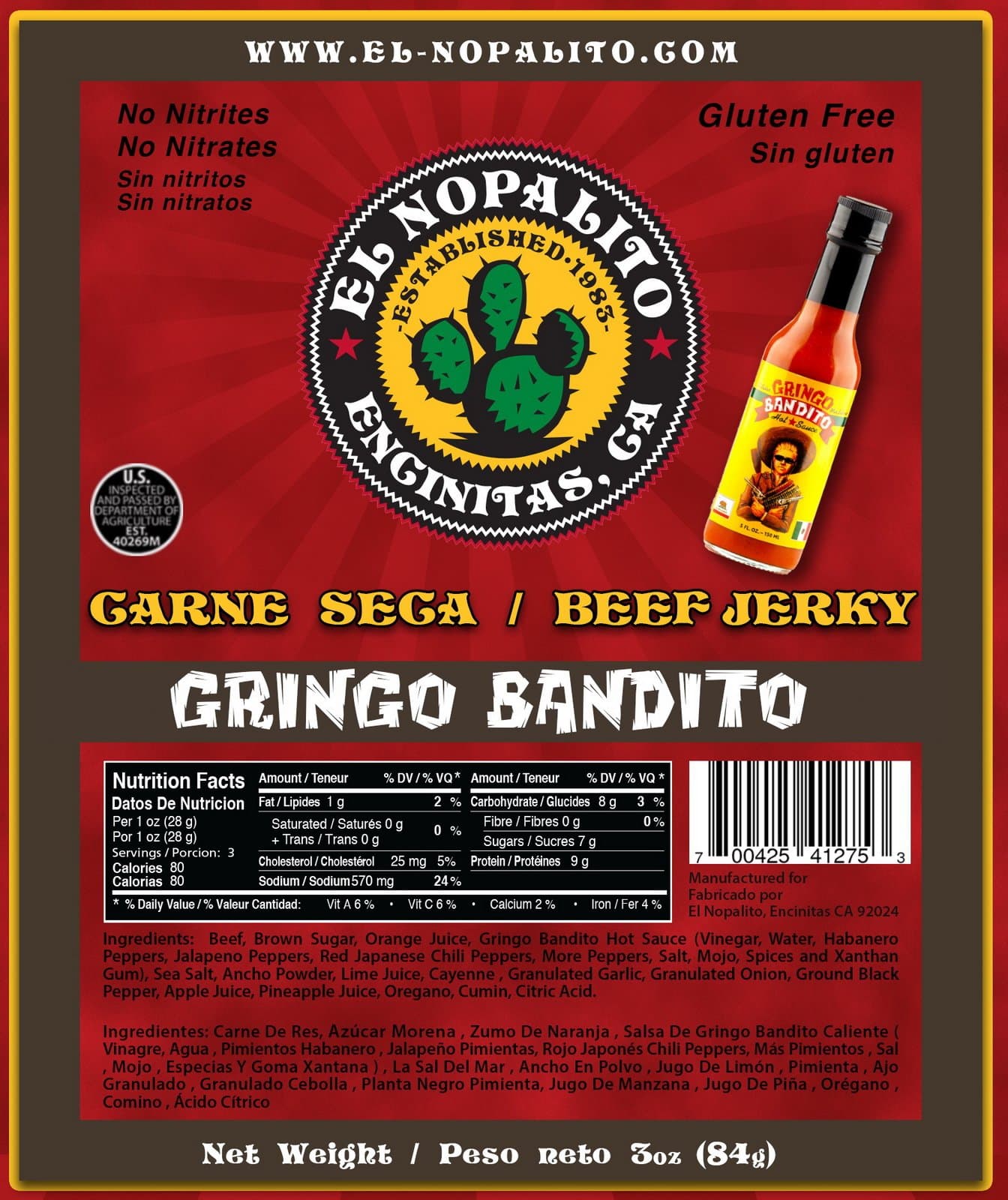 El Nopalito Beef Jerky – Cattle Sourced from CA - Gluten and Nitrate/Nitrite Free High Protein Snack - Made in the USA - Gringo Bandito