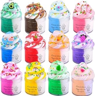 12 Pack Cloud Slime Kit with Cute Charms, Fluffy Slime for Girls Boys School Awards Valentine's Day Party Favor Supplies Birthday Easter Basket Stuffers for Kids