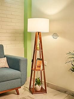 - Crosscut Furniture Wooden Floor Lamp with Shelf (Cotton White). LED Bulb Included.