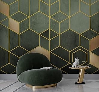 Muravie Green Cubes Removable Wallpaper - Golden Details with Green Hexagons Mural - Custom Size (Honey Pattern)