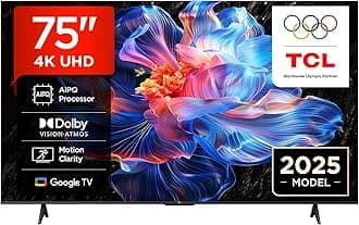 TCL 75V6C-UK 75" 4K Ultra HD, HDR TV, Smart TV Powered by Google TV (Dolby Audio, Voice Control, compatible with Google assistant, Chromecast built-in, 2025 New Model)