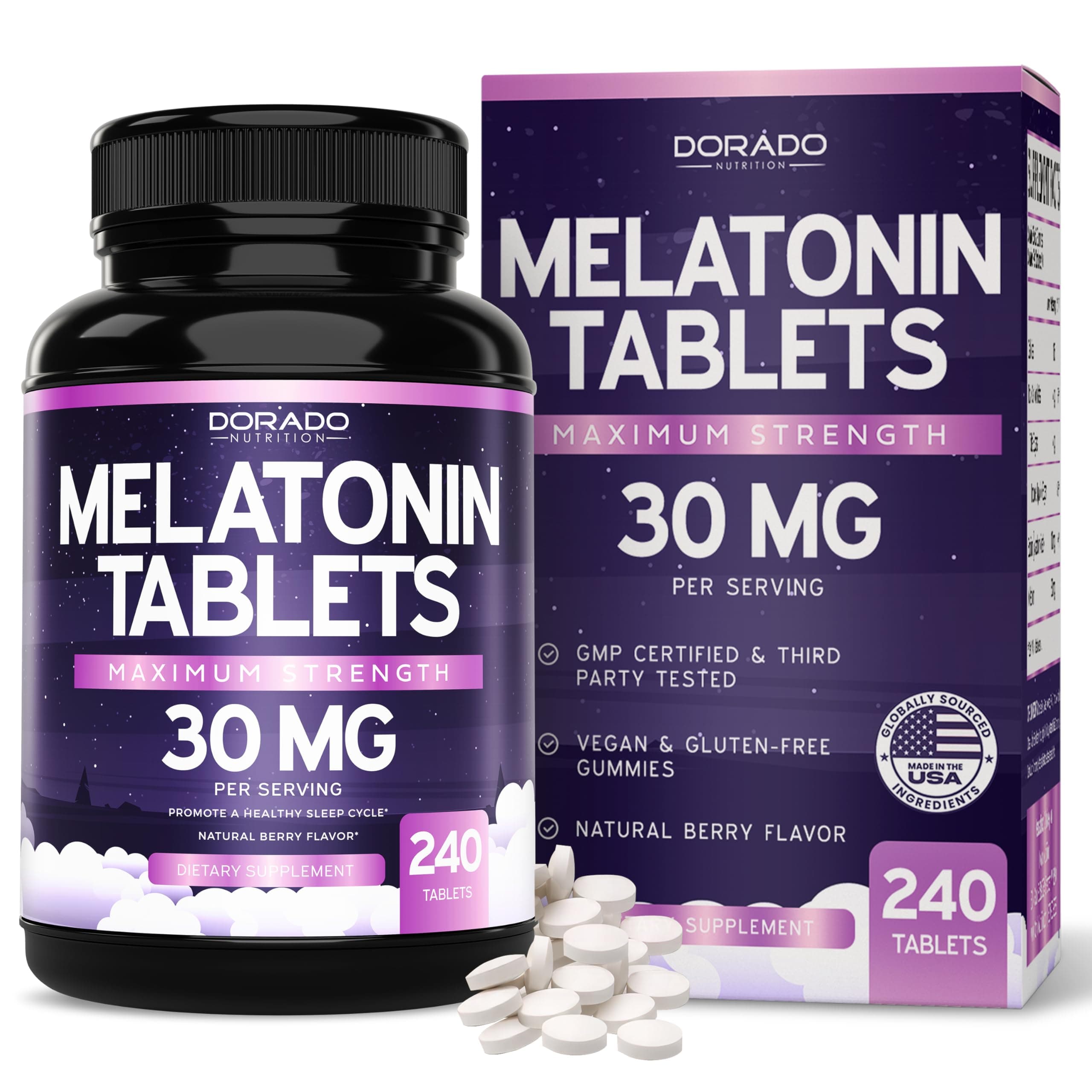 Melatonin 30mg Tablets for Adults (240 Tablets) - Fast Dissolve Tablet with 30mg of Melatonin Per Tablet - Gluten-Free, Non-GMO, 100% Vegetarian, & Great Tasting - Mixed Berry Flavor - Made in USA
