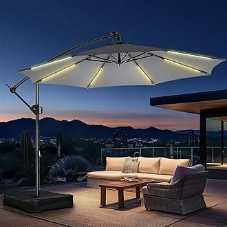 10ft Solar Lights Offset Cantilever Patio Umbrella - with Light and Base, LED Lighted Offset Hanging Patio Outdoor Market Umbrella UPF50+ UV Protection with Easy Tilt and Crank (Grey)