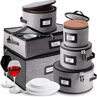 Fine China Storage Containers Hard Shell – 6 Piece Dish Storage Containers, Stackable Plate Storage Containers, Coffee Mug Storage and Wine Glass Storage Box with Dividers, Quilted Dish Organizers