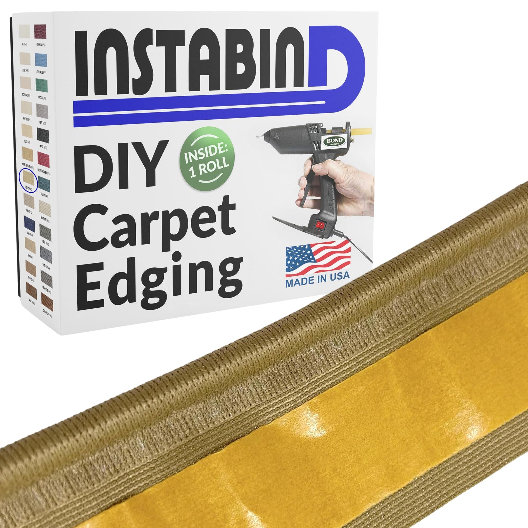 Instabind 54 ft Roll Premium Carpet Edge Binding – Regular Style Carpet Edge Trim for Do-It-Yourself Rug Edging- with Durable Hold & Easy Finishing for Rug Edges - USA Made Flooring Products, Desert