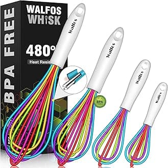 Walfos Whisk,5+7+9+11in Silicone Whisks for Cooking,Rainbow Wisk for Non-Stick Cookware,Balloon Egg Whisks Perfect for Blending,Baking,Beating,Minxing.BPA Safe and Dishwasher safe.Colorful 4pcs.